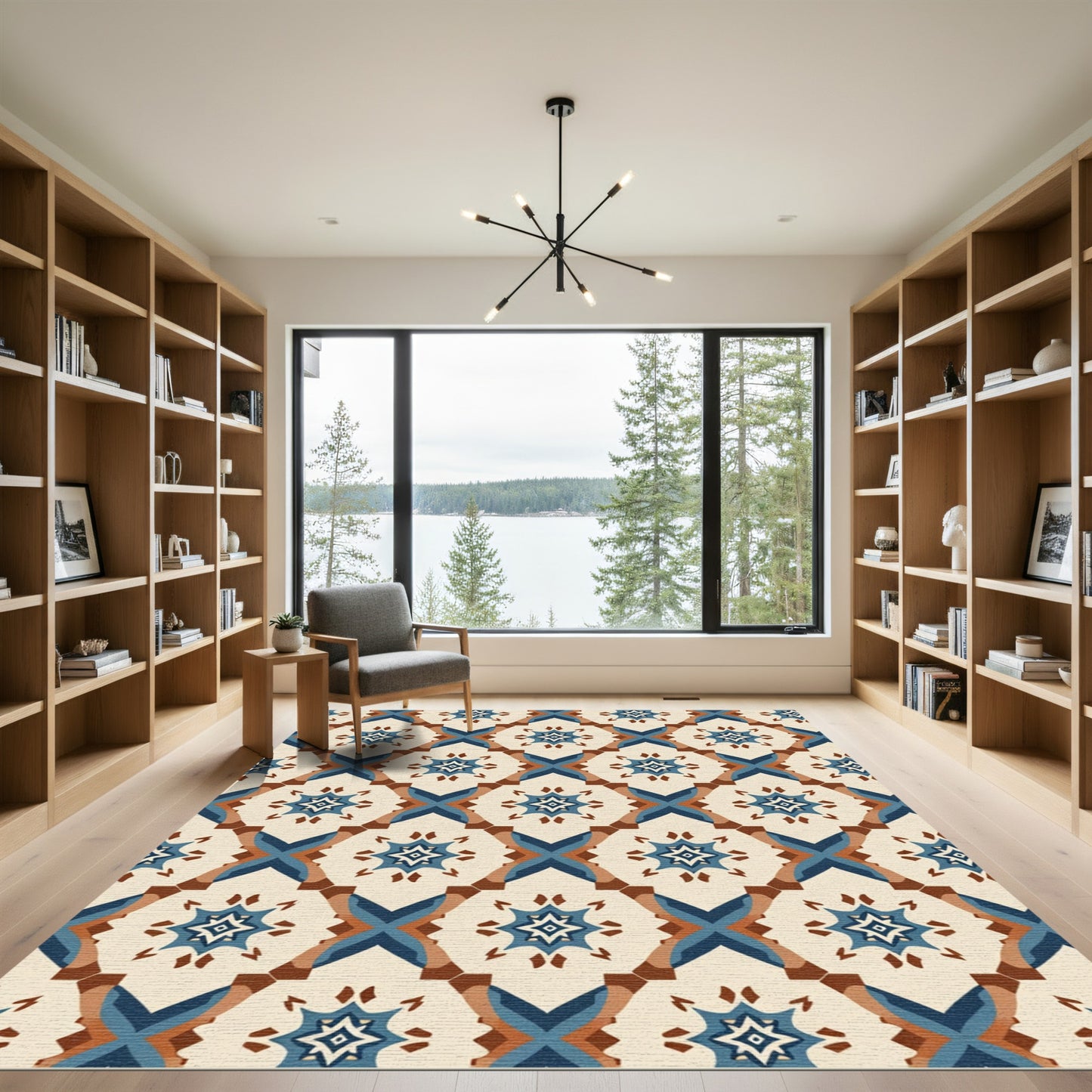 Cream Blue Geometric Starburst Diamond Rug