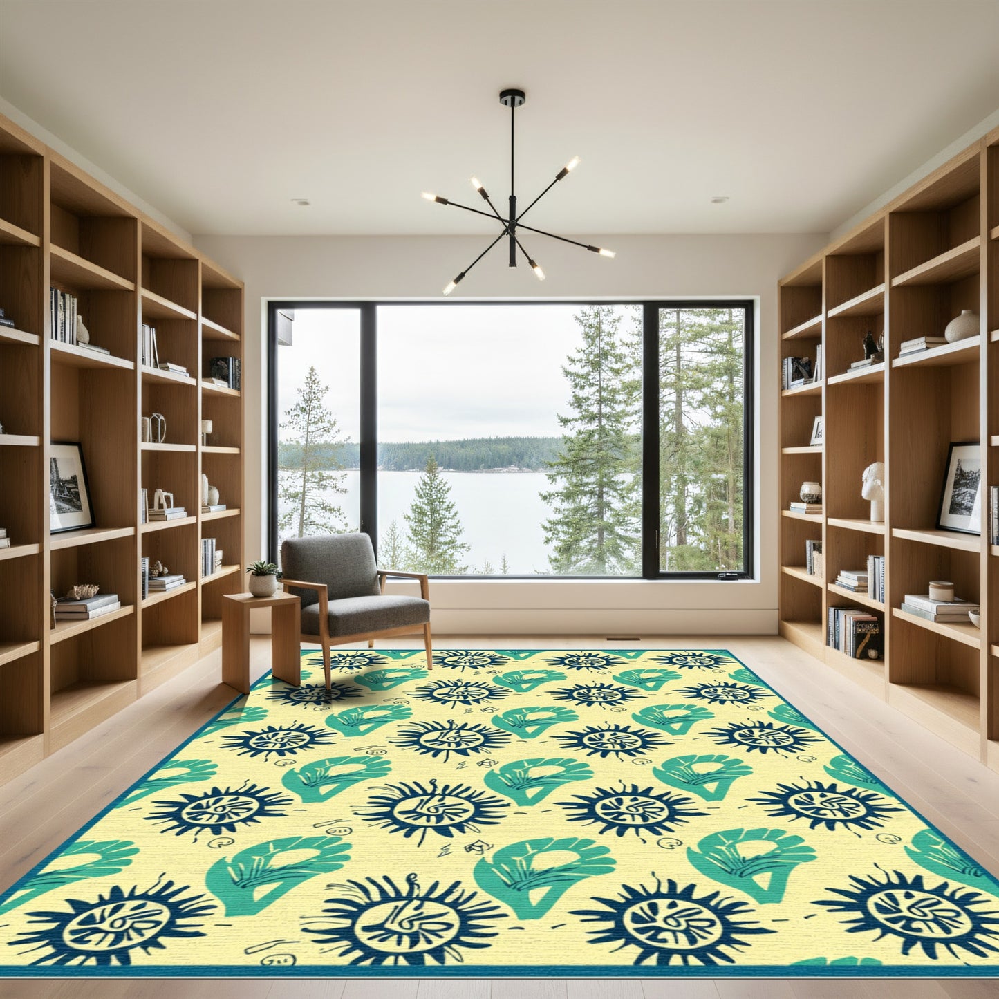 Navy Cyan Sunburst Leaf Scatter Rug