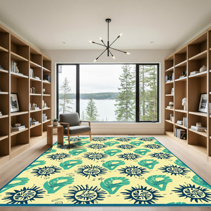 Navy Cyan Sunburst Leaf Scatter Rug