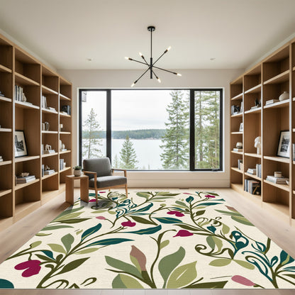 Earthy Green Vine Berry Pattern Rug