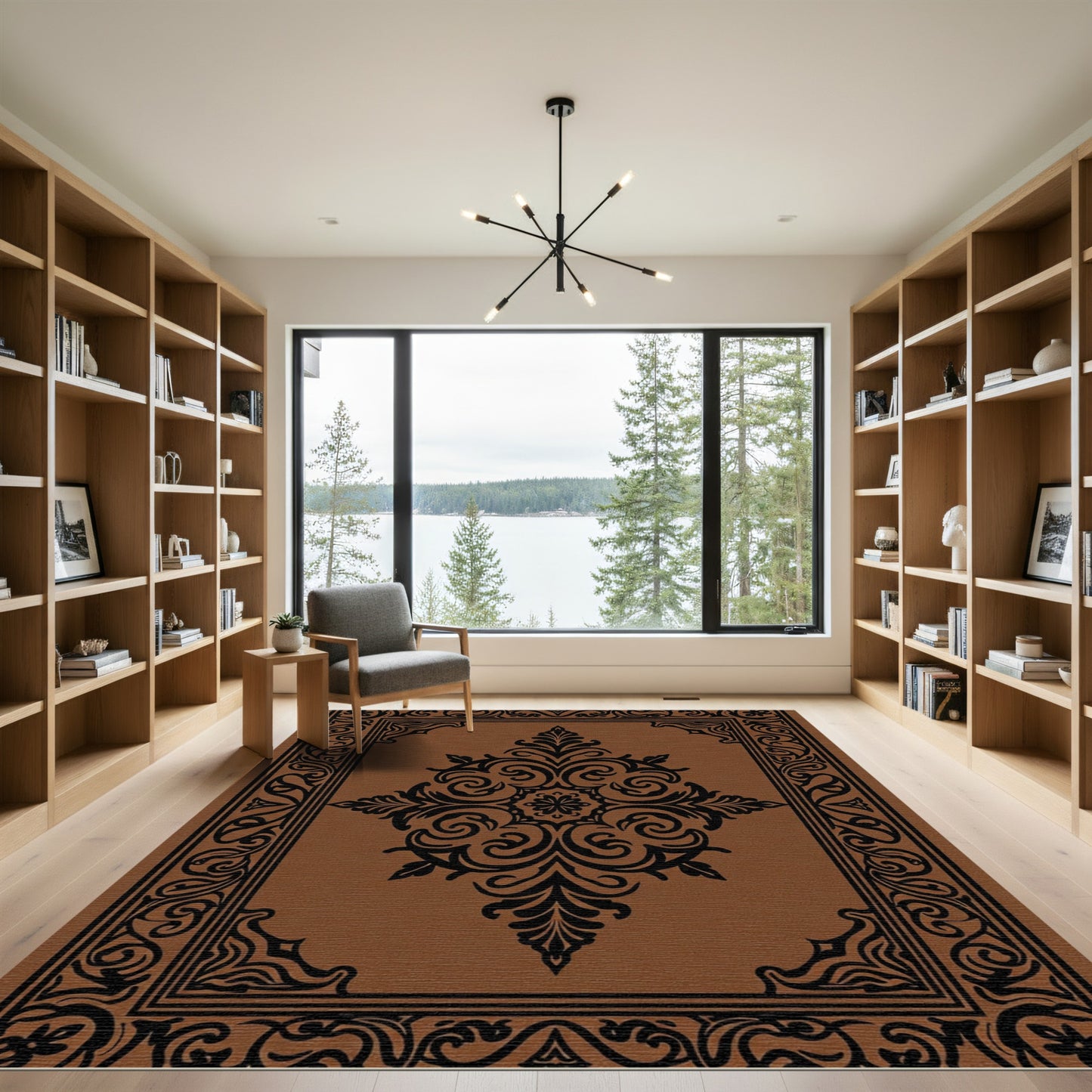Brown Black Ornate Medallion Border Rug