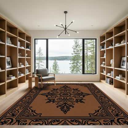 Brown Black Ornate Medallion Border Rug
