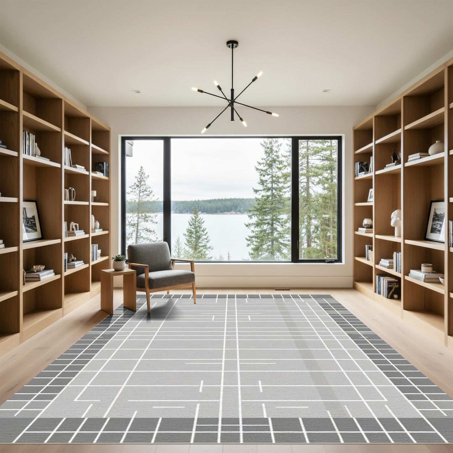 Gray Grid Lines Rectangular Field Rug
