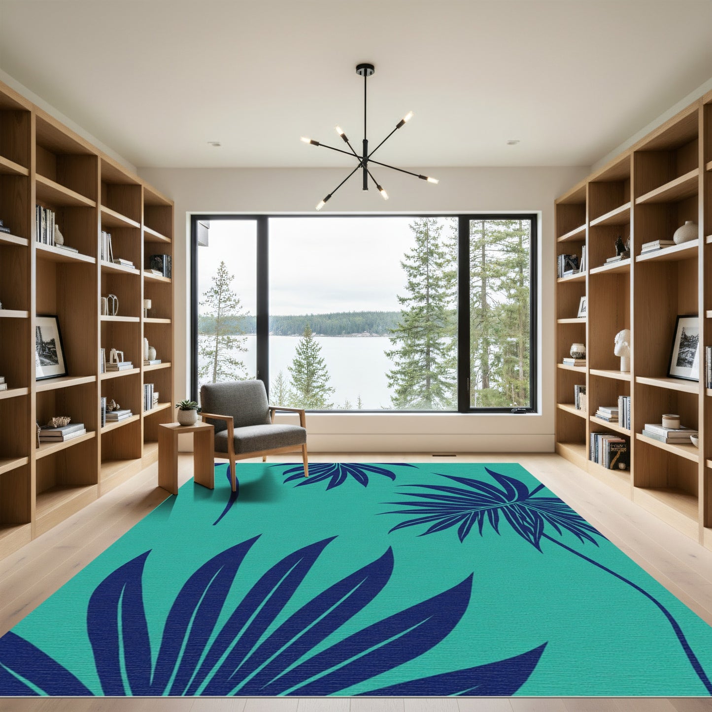 Navy Palm Frond Teal Tropical Rug