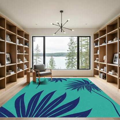 Navy Palm Frond Teal Tropical Rug
