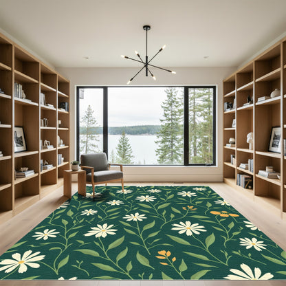 Dark Green Floral Garden Daisy Rug