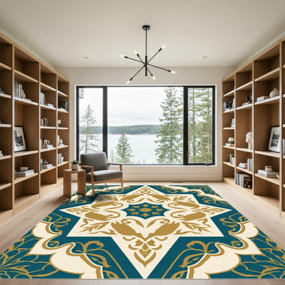 Deep Teal Gold Floral Starburst Rug