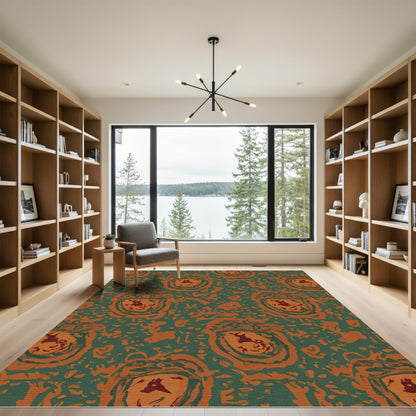 Crimson Green Abstract Oval Frame Rug