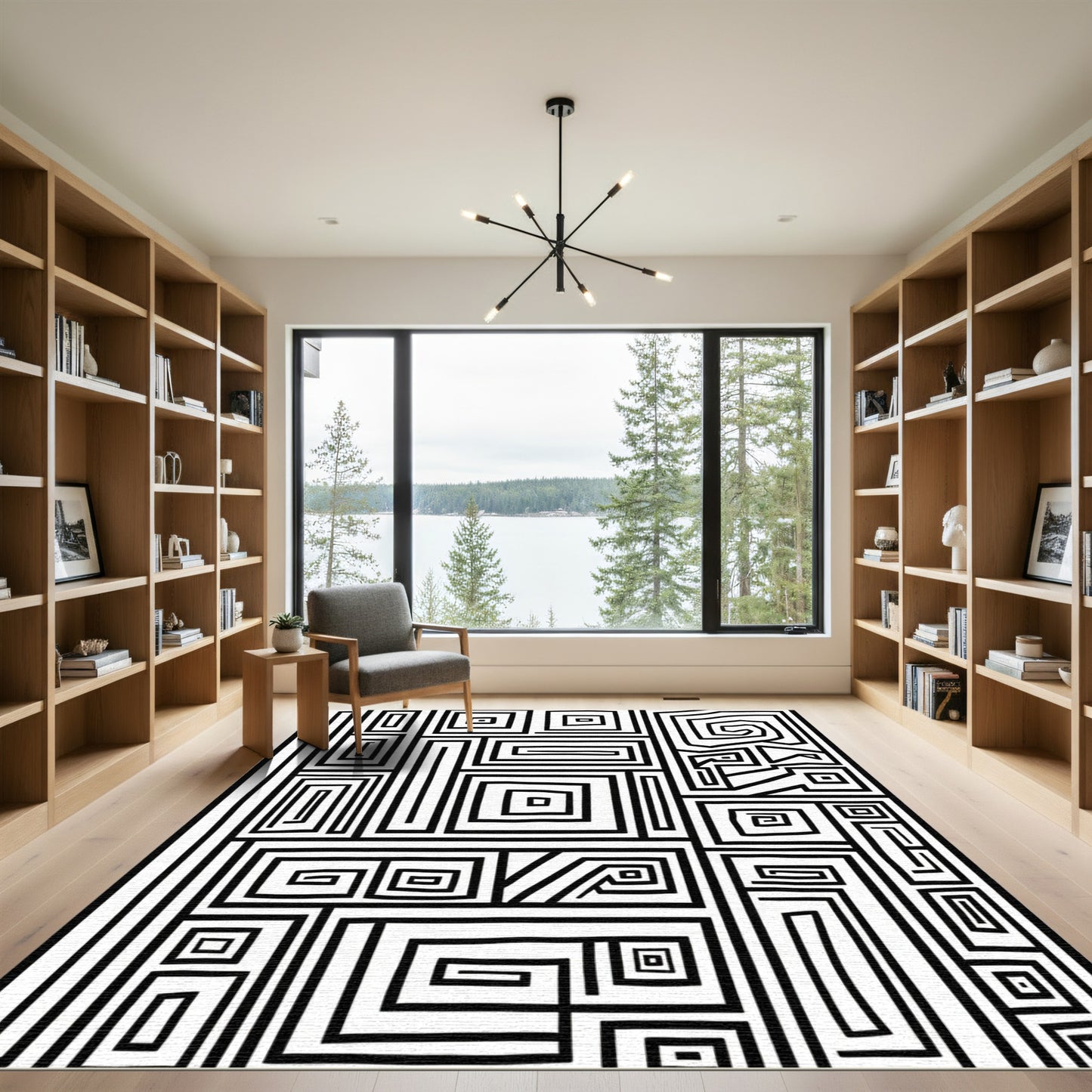 Monochrome Abstract Geometric Maze Rug