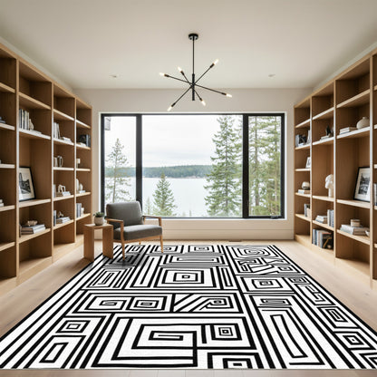 Monochrome Abstract Geometric Maze Rug