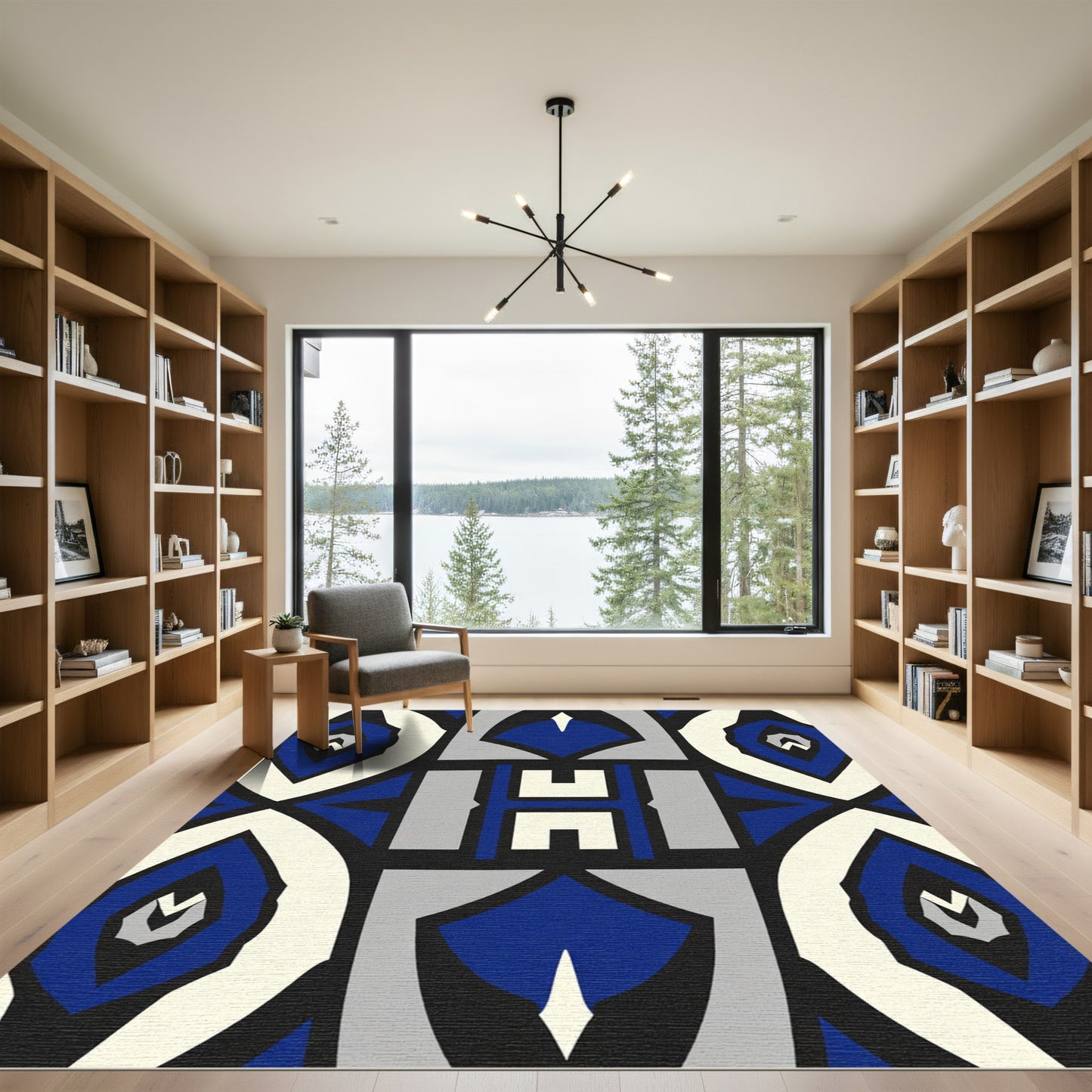 Bold Blue White Geometric Symmetry Rug