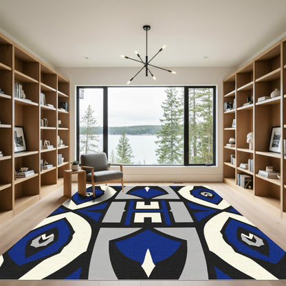 Bold Blue White Geometric Symmetry Rug