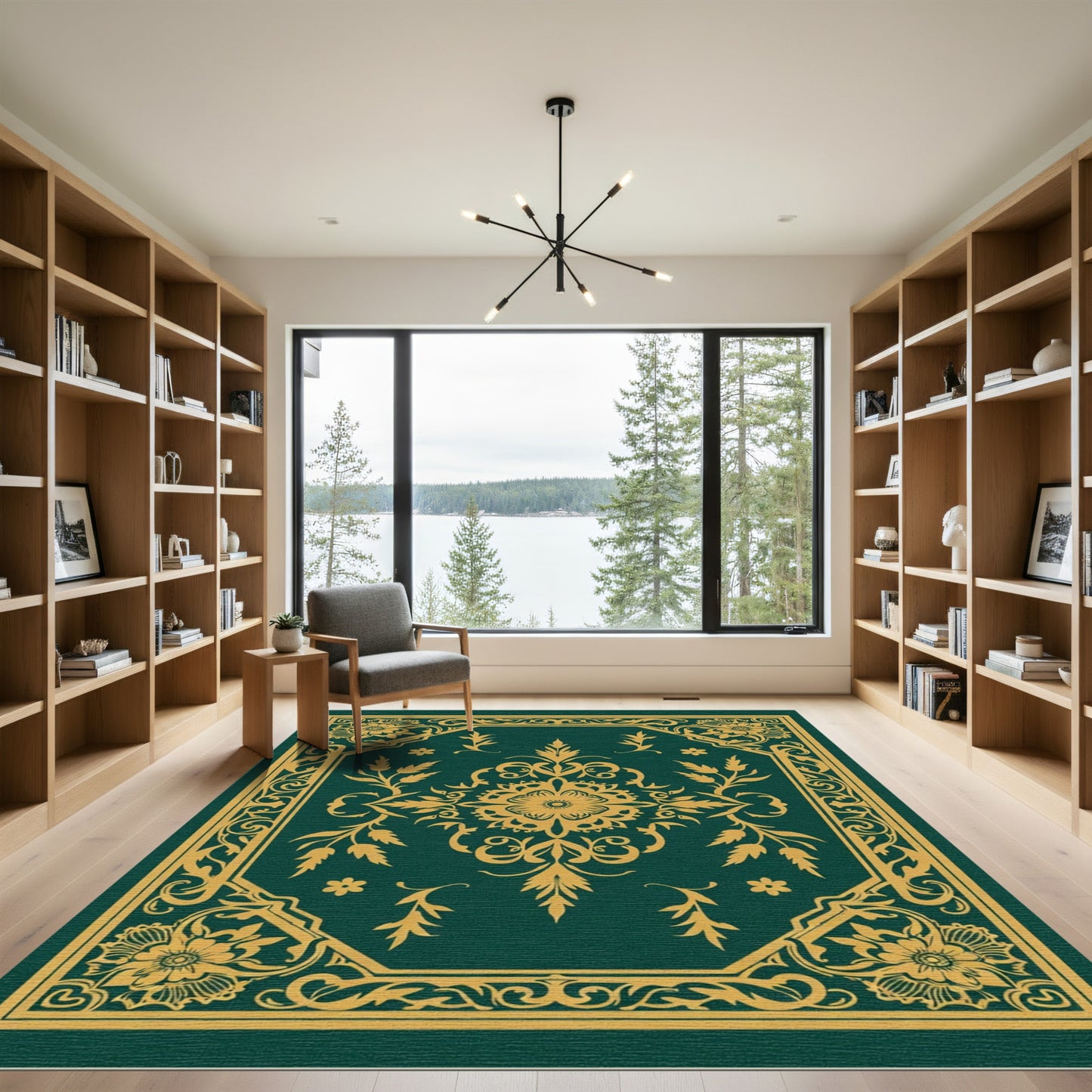 Gold Floral Medallion Green Ornate Rug