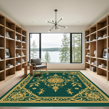Gold Floral Medallion Green Ornate Rug