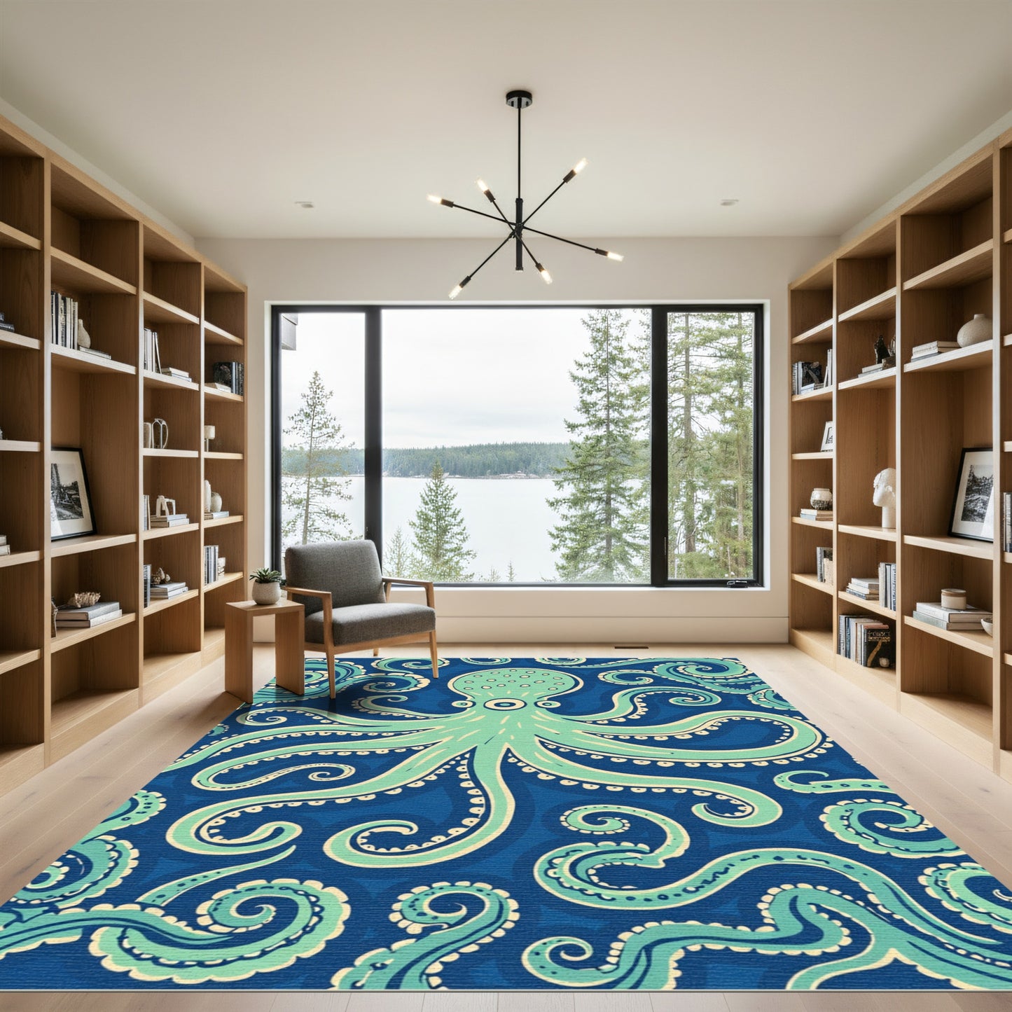 Teal Octopus Swirls Navy Background Rug