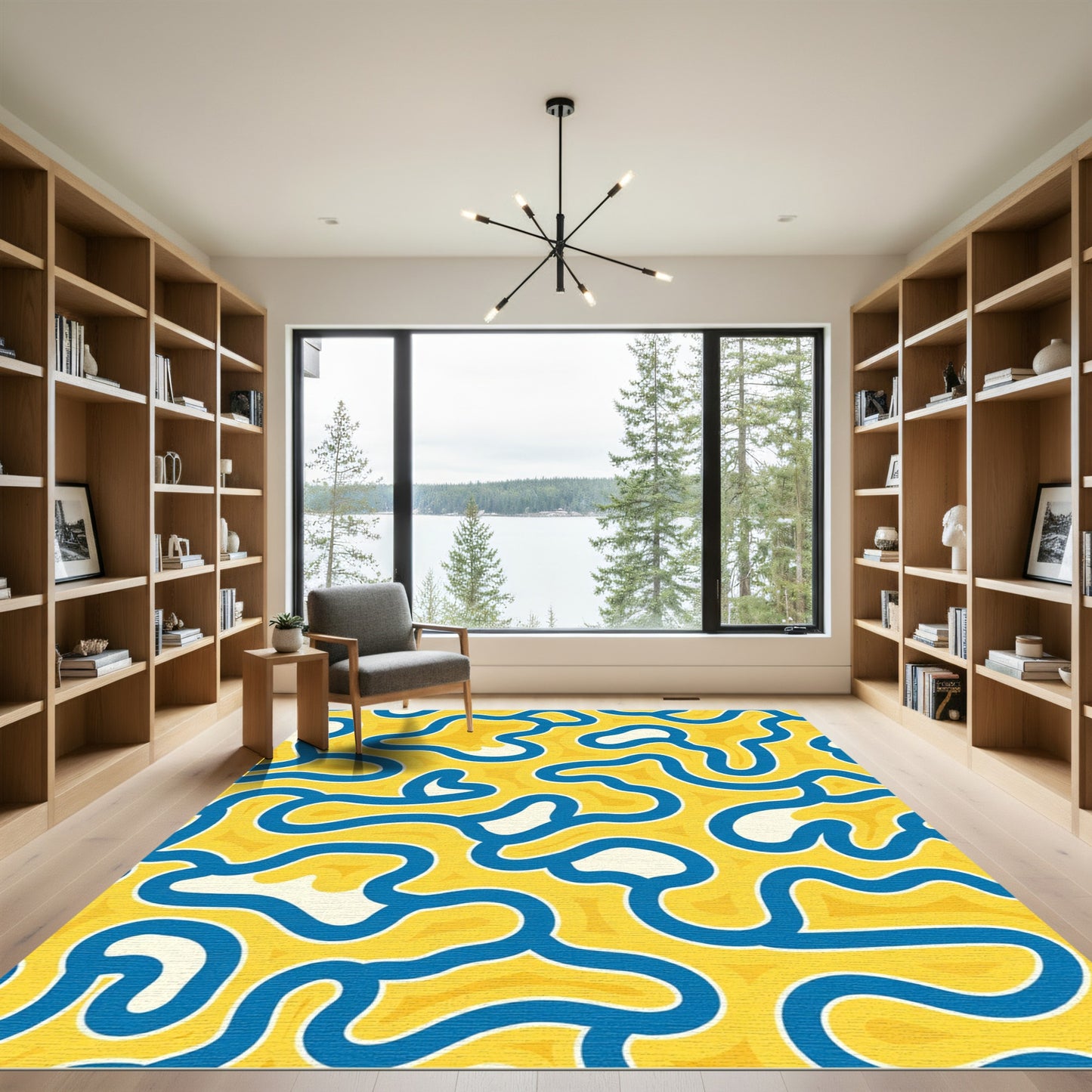 Yellow Blue Abstract Flowing Lines Rug