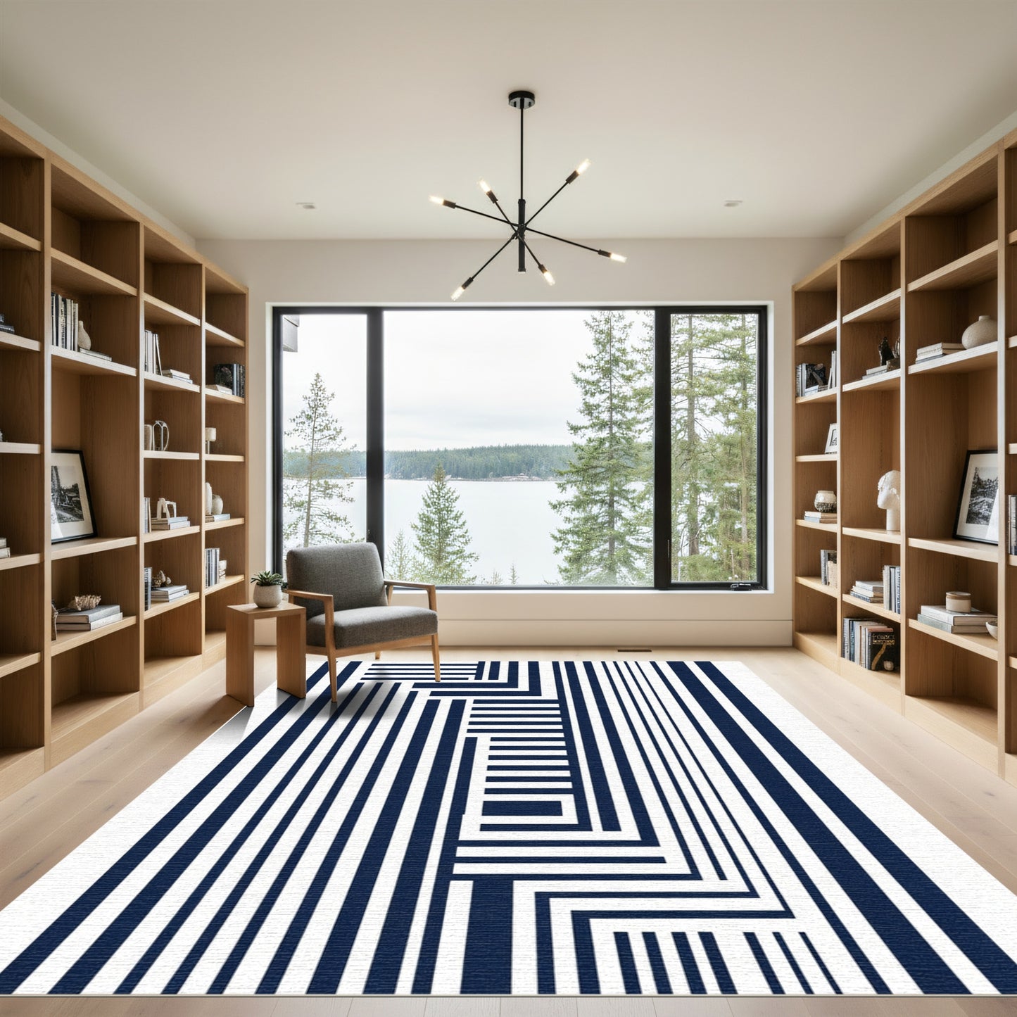 Navy White Geometric Maze Rug