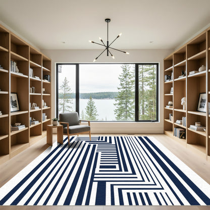 Navy White Geometric Maze Rug