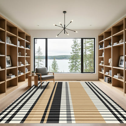 Tan Black White Plaid Stripe Rug