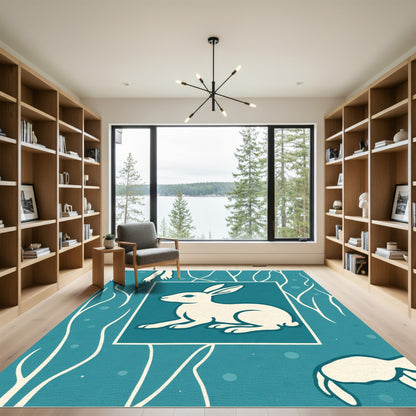 Cream Rabbit Teal Nature Scene Rug