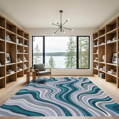 Teal Gray Swirling Waves Rug