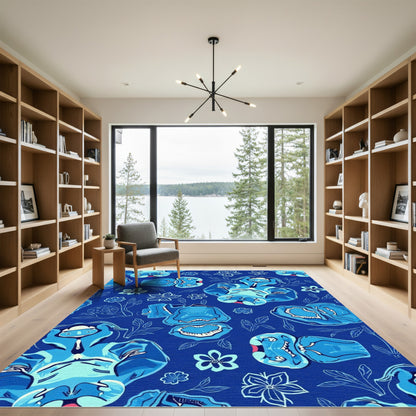 Deep Blue Abstract Figures Flowers Rug