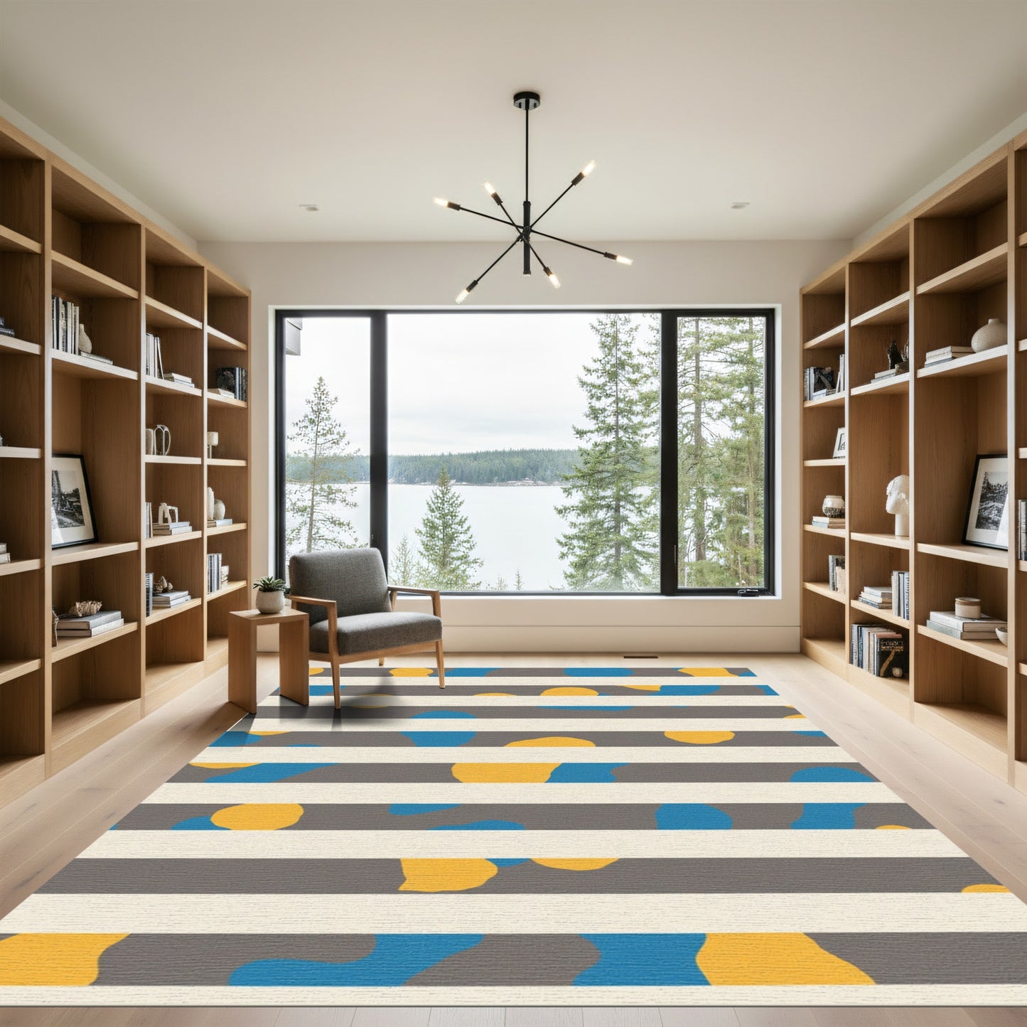 Abstract Yellow Blue Gray Striped Rug