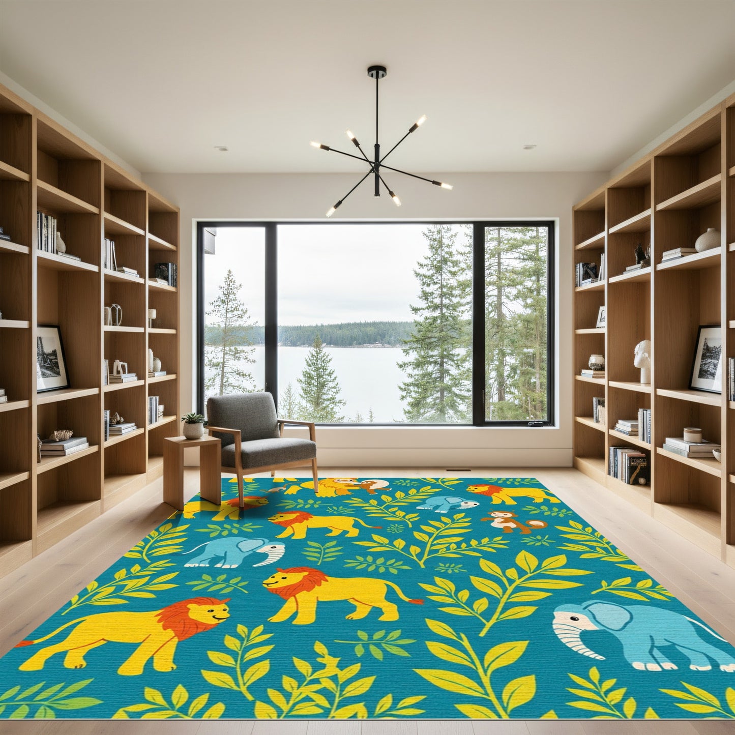 Whimsical Jungle Animals Teal Leaf Rug
