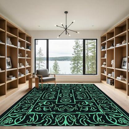 Mint Green Ornate Scroll Medallion Rug