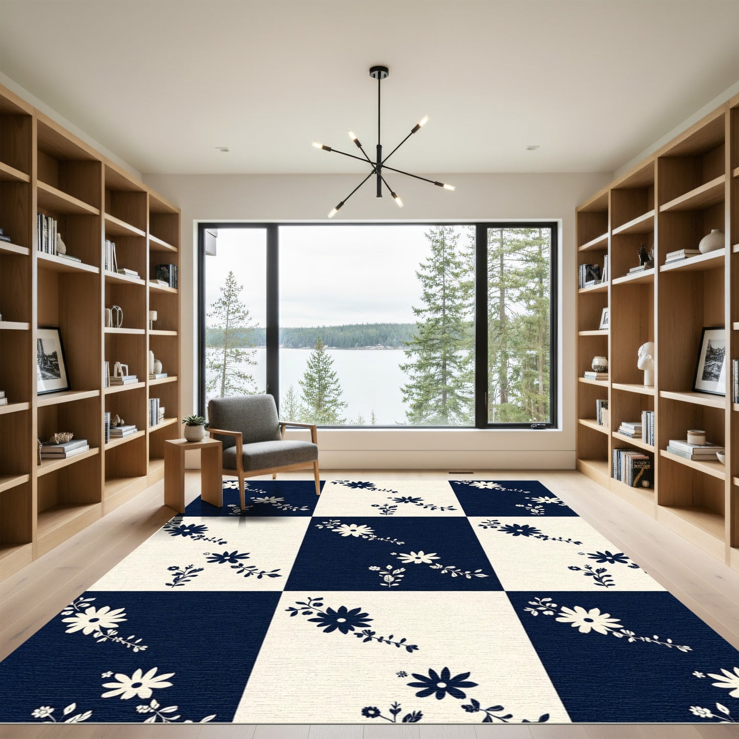 Chic Navy Cream Floral Court Squares Rug