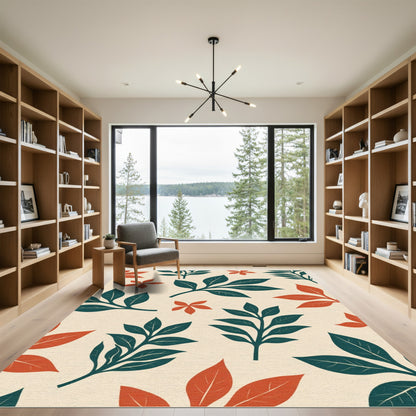 Teal Orange Foliage Mid Century Modern Rug