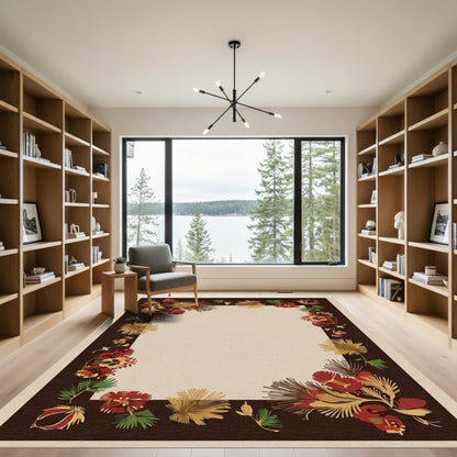 Dark Brown Red Gold Floral Border Rug