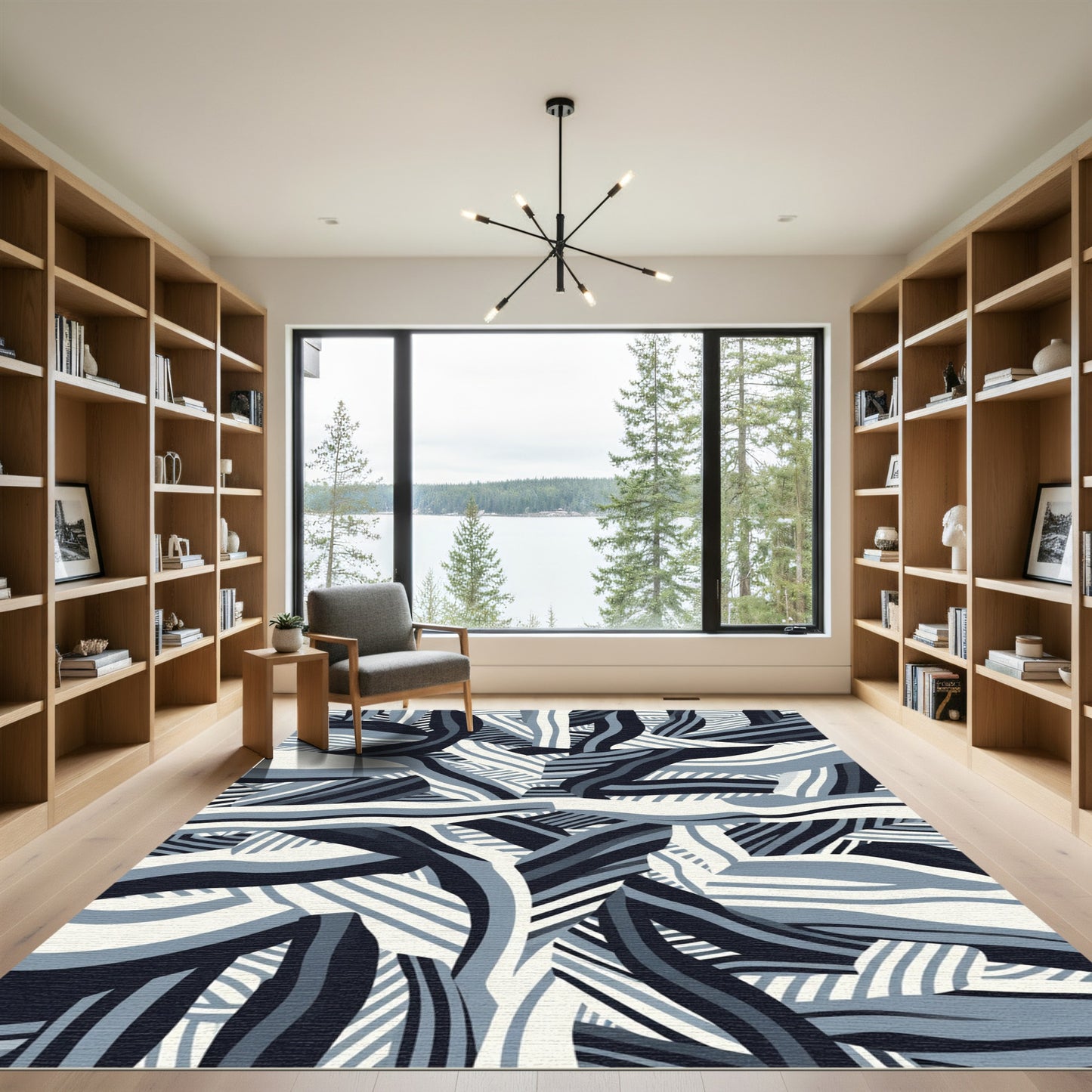 Mono Blue Abstract Ribbon Overlay Rug