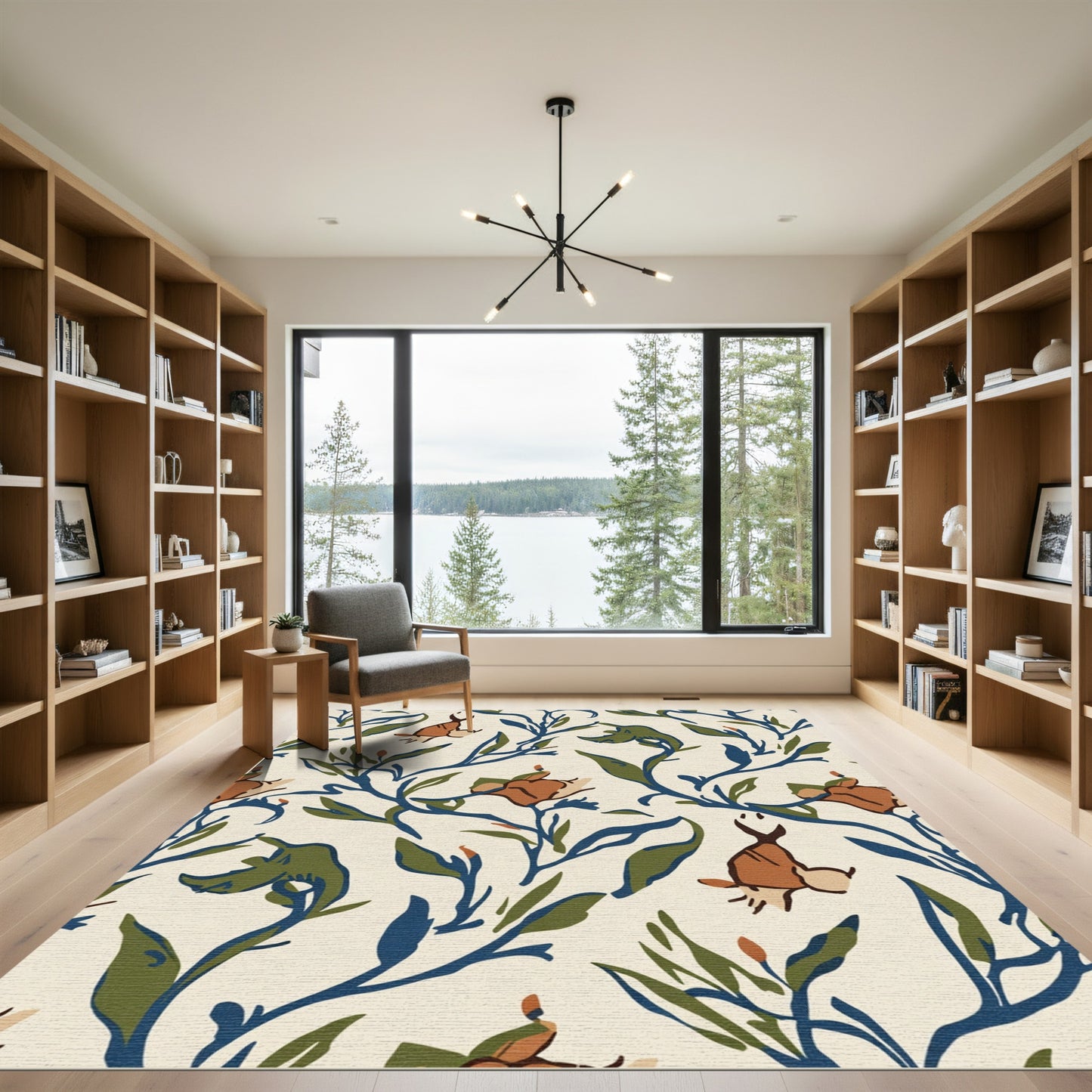 Earthy Folk Art Floral Animal Rug