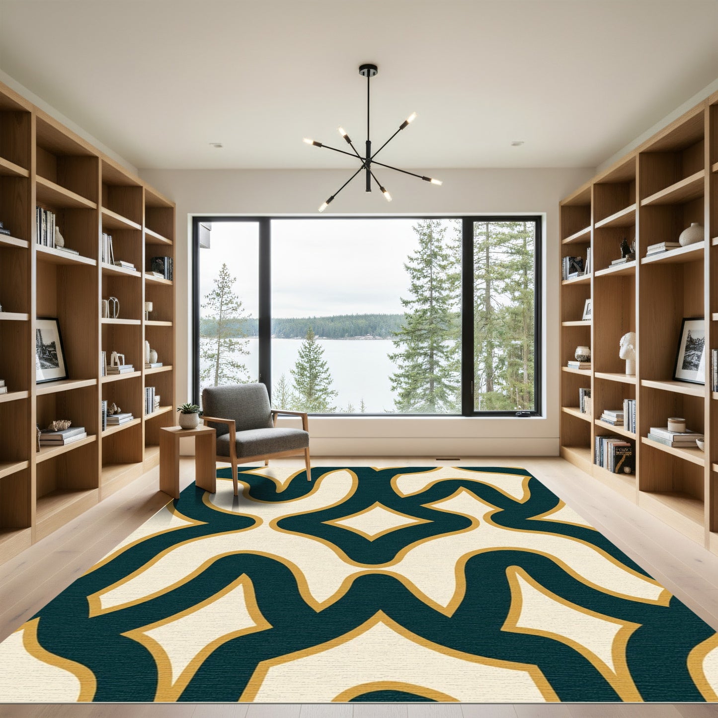 Cream Teal Golden Interlocking Contour Rug