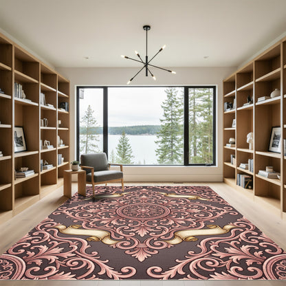 Antique Rose Scrollwork Medallion Ribbons Rug