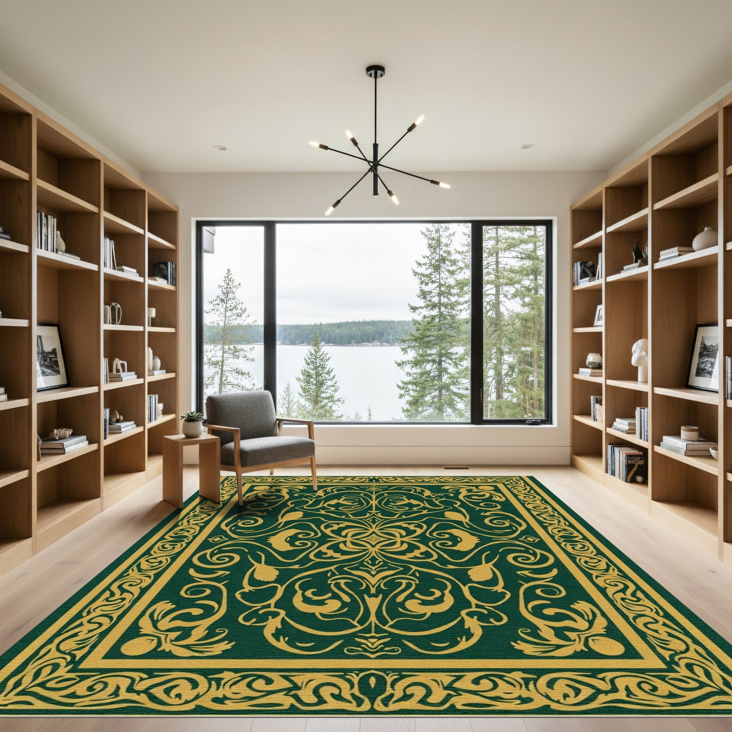 Ornate Emerald Golden Scrollwork Rug
