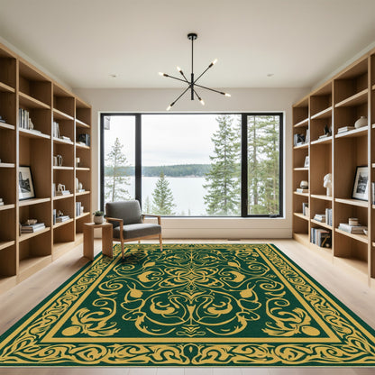 Ornate Emerald Golden Scrollwork Rug