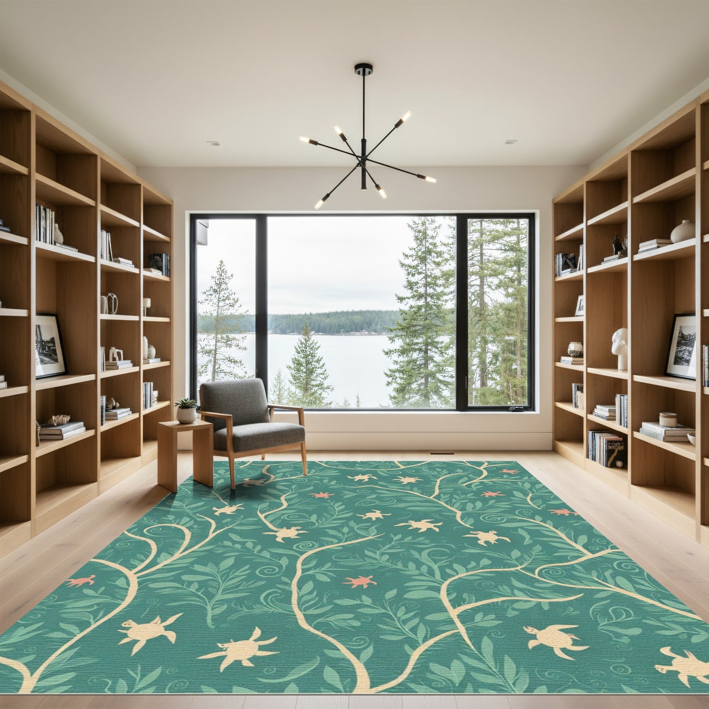 Teal Coral Turtle Botanical Charm Rug