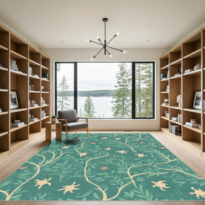 Teal Coral Turtle Botanical Charm Rug