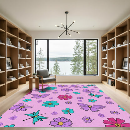 Vibrant Pink Purple Teal Floral Butterflies Rug