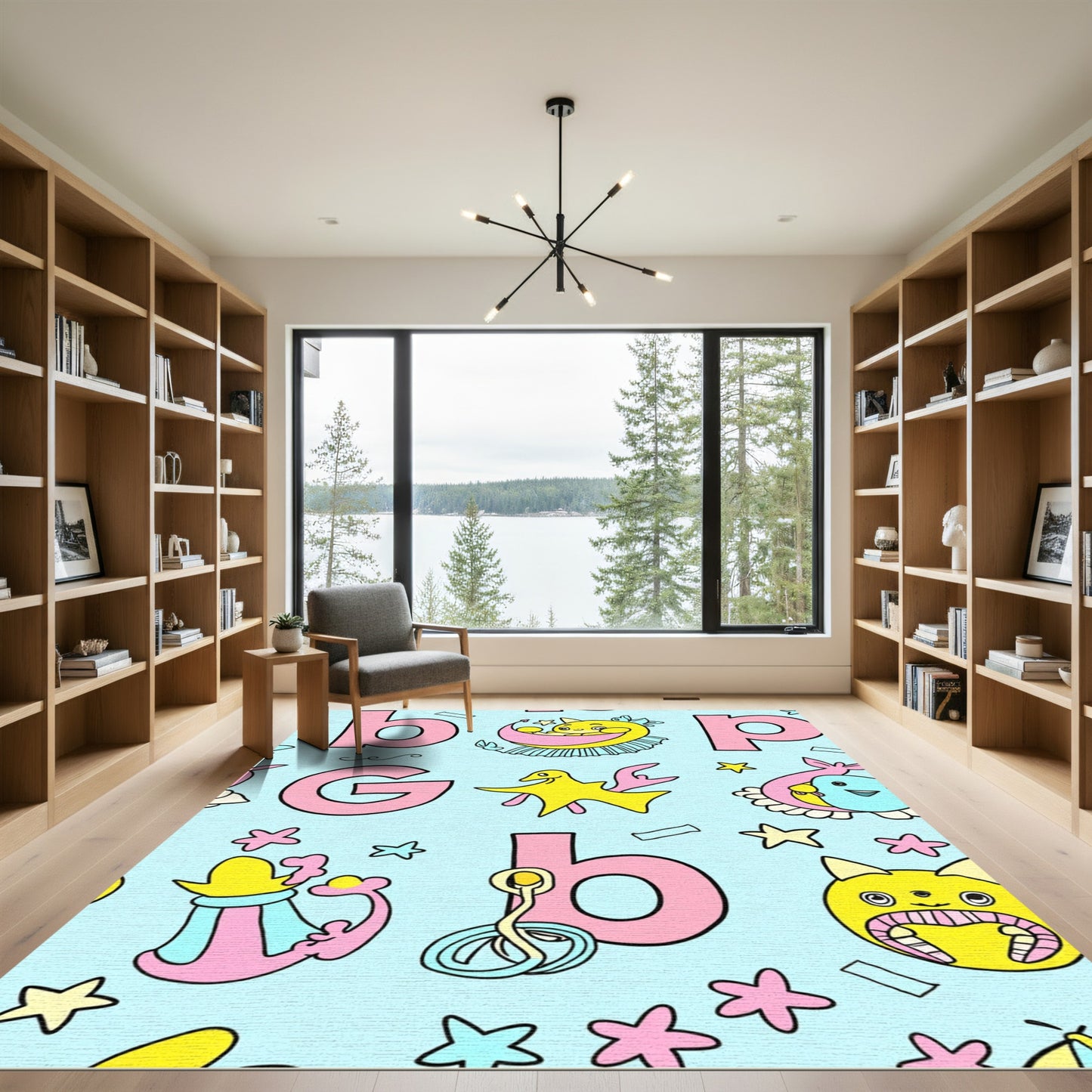 Whimsical Pink Blue Yellow Creatures Rug