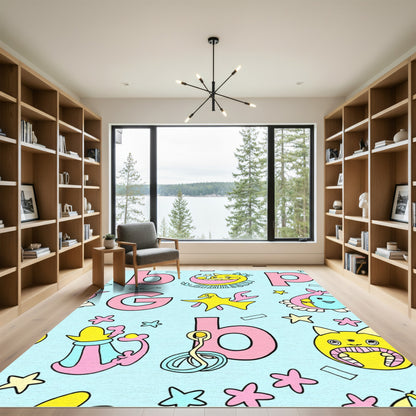 Whimsical Pink Blue Yellow Creatures Rug