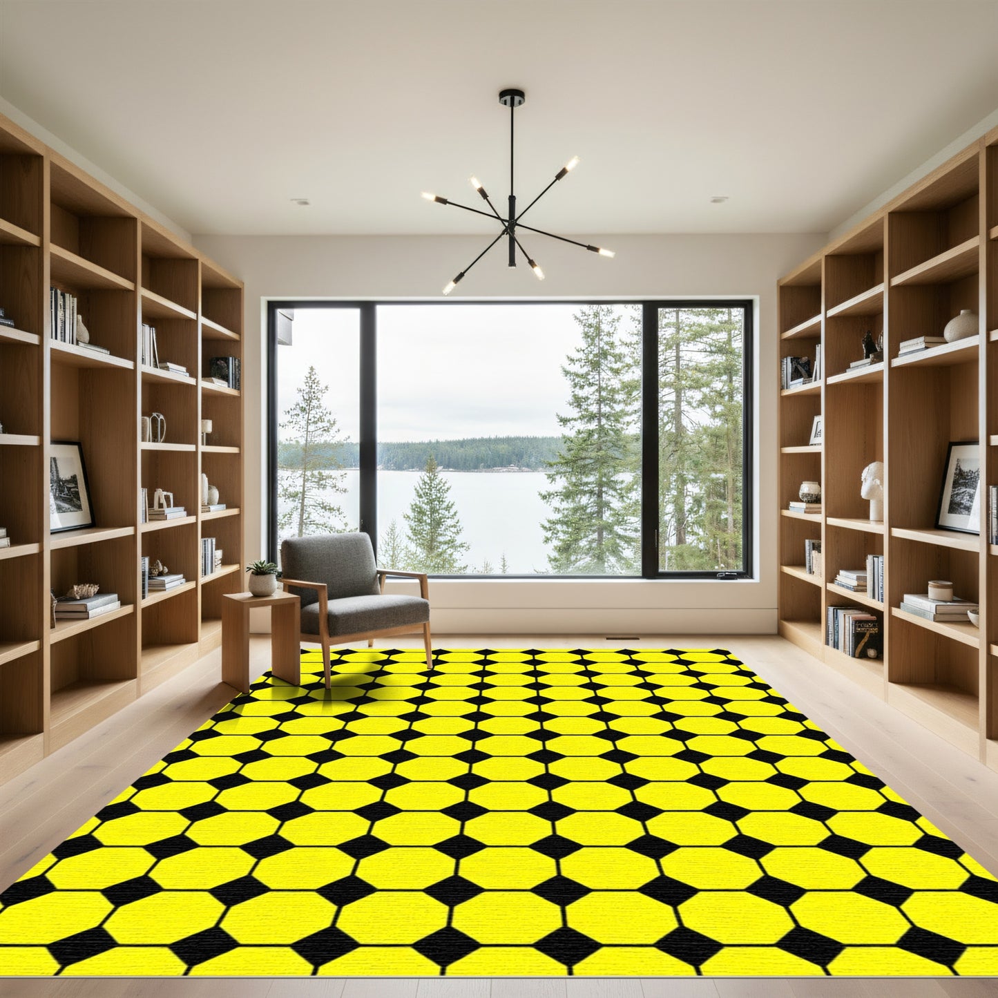 Bright Yellow Black Octagon Mosaic Rug