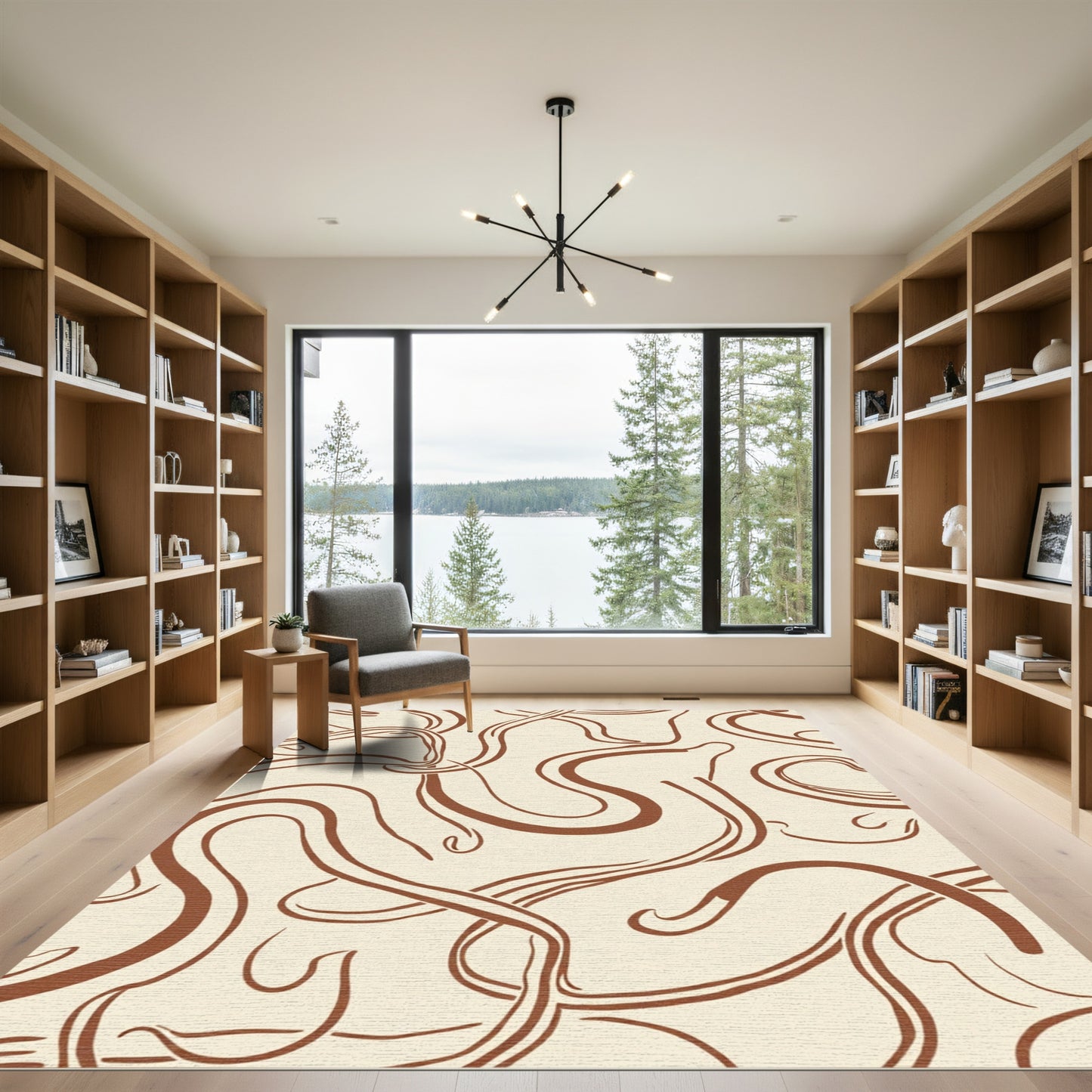 Cream Brown Swirling Flow Lines Rug