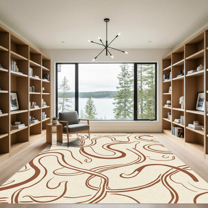 Cream Brown Swirling Flow Lines Rug