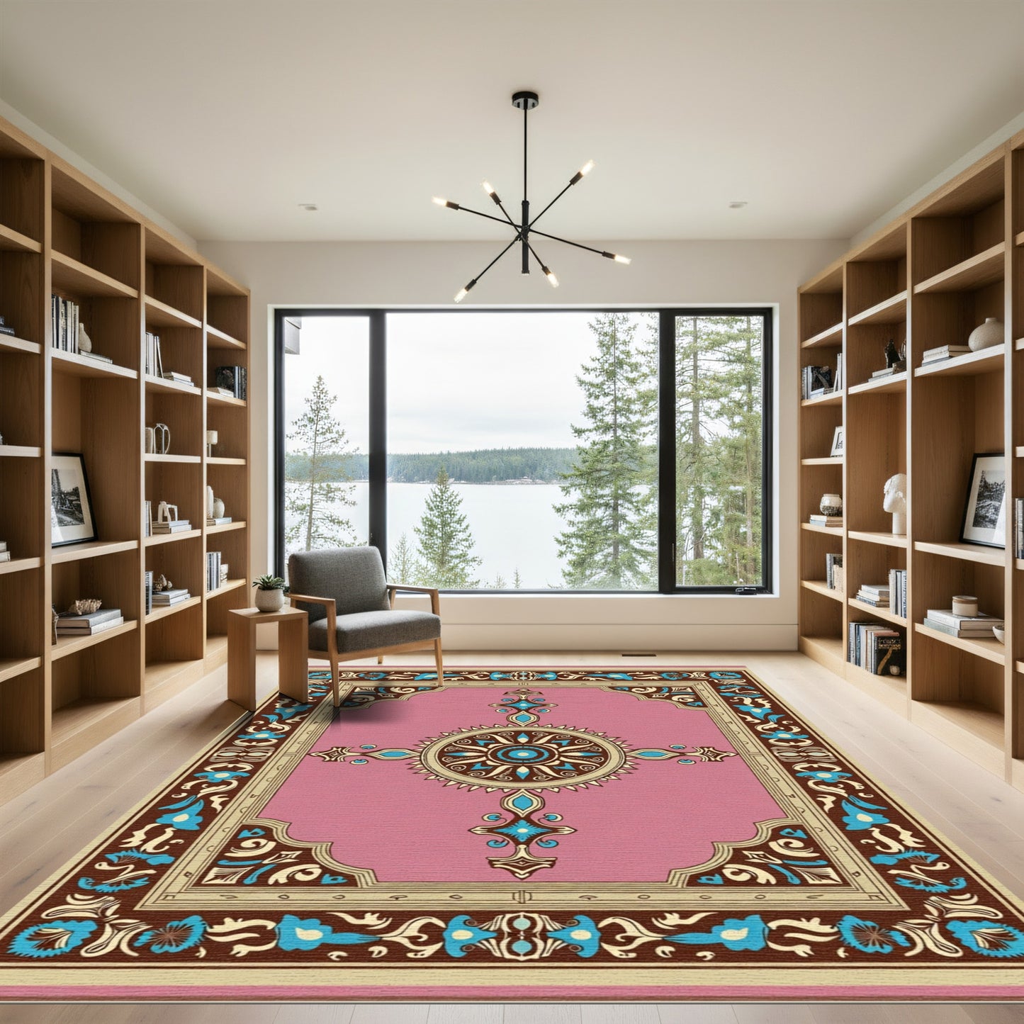 Vintage Pink Floral Medallion Border Rug