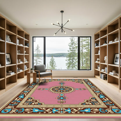 Vintage Pink Floral Medallion Border Rug