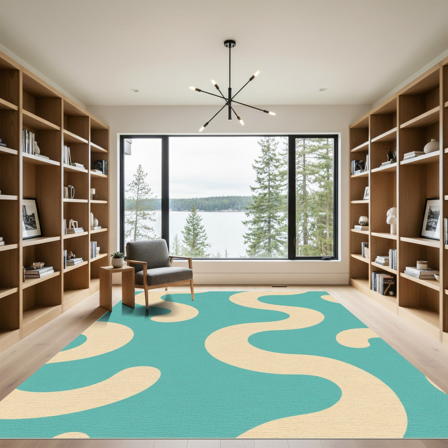 Teal Cream Organic Abstract Waves Rug