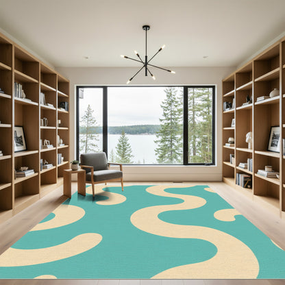 Teal Cream Organic Abstract Waves Rug